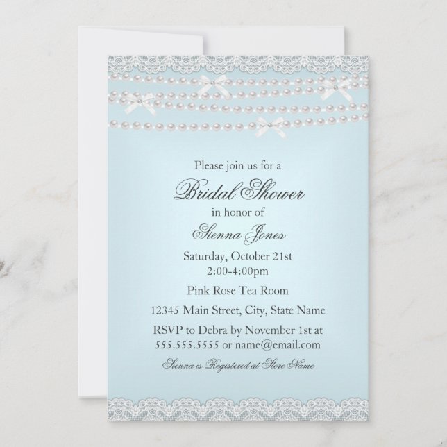 Invitación de boda de encaje y perla azul Pretty L (Anverso)