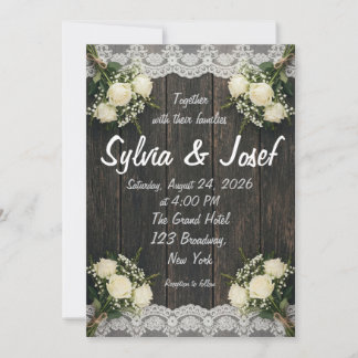 Invitación de boda de encaje y rosas blancas de ma