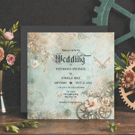 Invitación de boda de engranajes steampunk azul ro