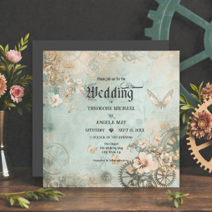 Invitación de boda de engranajes steampunk azul ro
