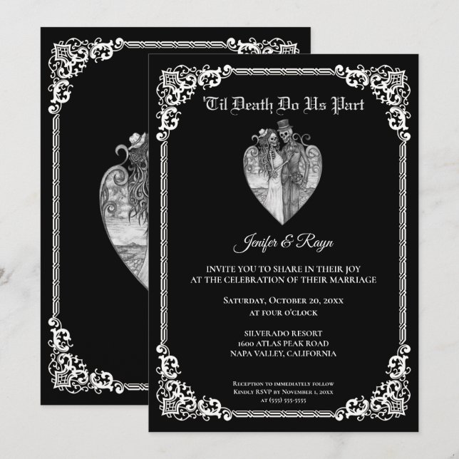 Invitación de boda de esqueleto de Halloween gótic (Anverso / Reverso)