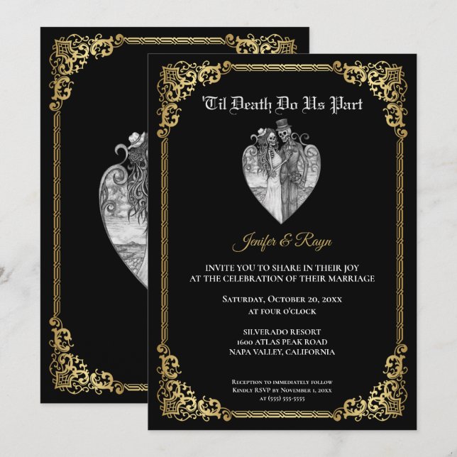 Invitación de boda de esqueleto de Halloween gótic (Anverso / Reverso)