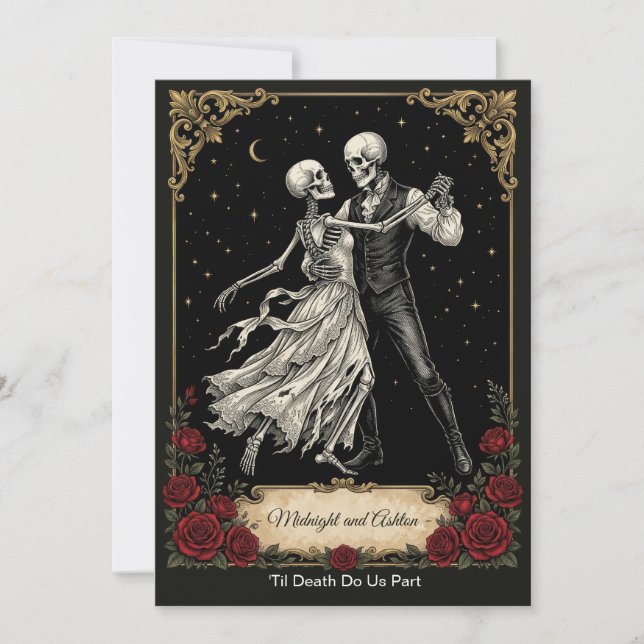 Invitación de Boda de Esqueleto Gótico Amantes Bai (Anverso)