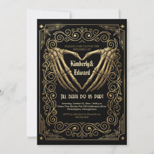 Invitación de Boda de Esqueleto Gótico Negro Dorad