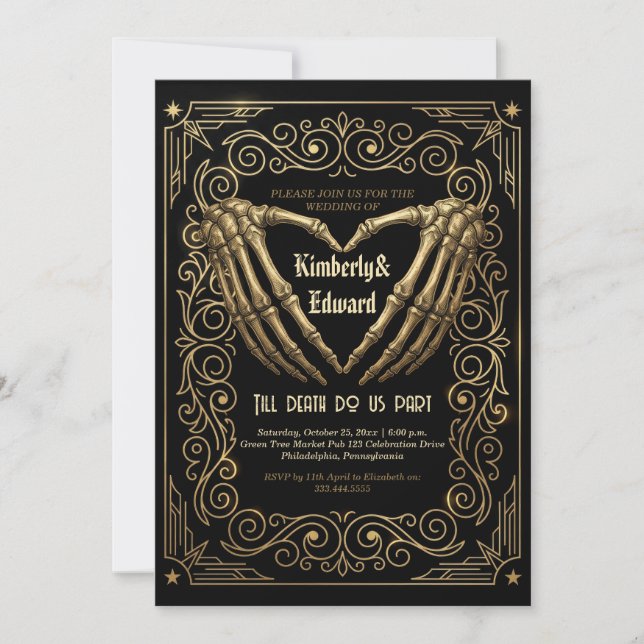 Invitación de Boda de Esqueleto Gótico Negro Dorad (Anverso)
