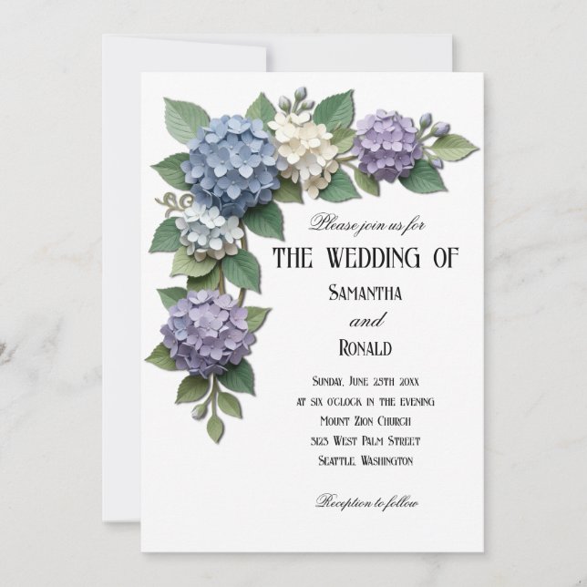 Invitación de boda de esquina floral de hortensia  (Anverso)