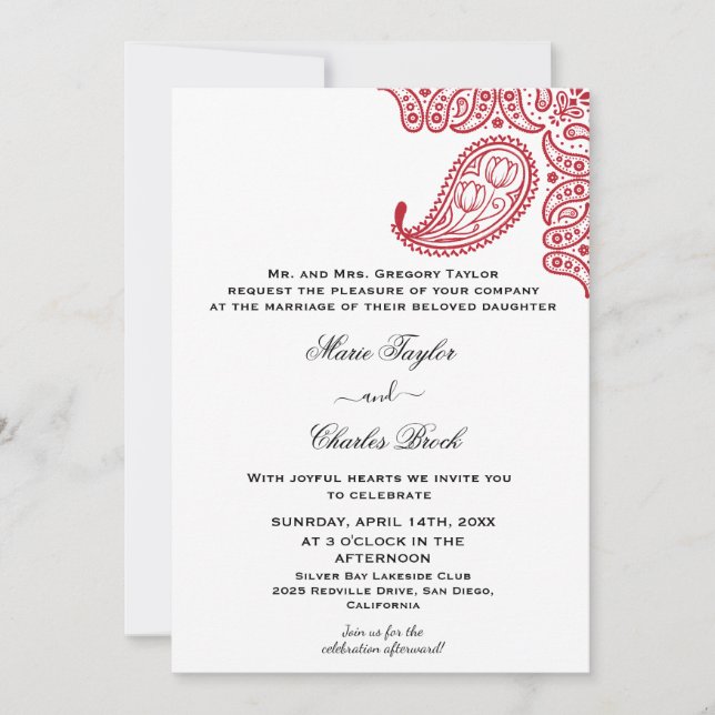 Invitación de boda de estampado Paisley indio (Anverso)