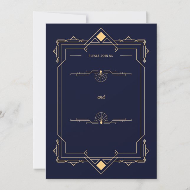 Invitación de boda de estilo Art Deco azul oscuro  (Anverso)