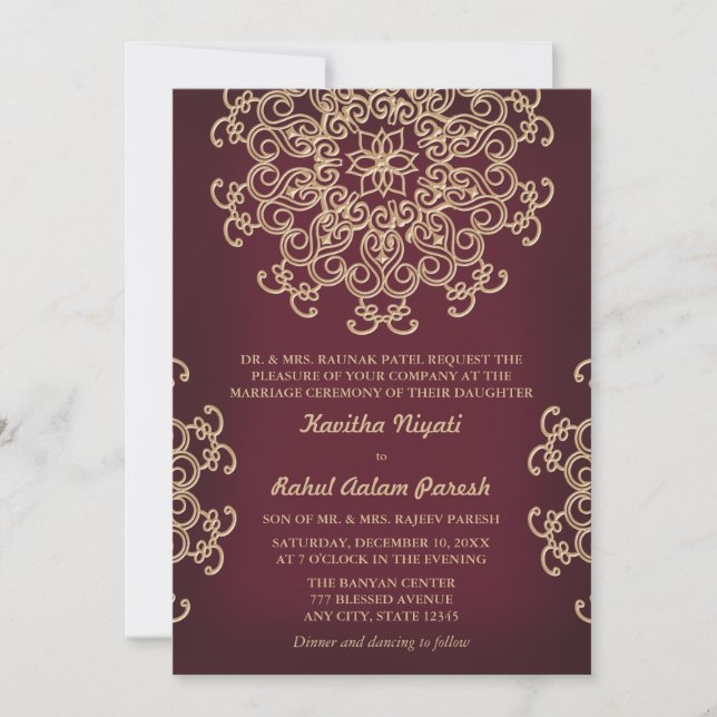 INVITACIÓN DE BODA DE ESTILO INDIO DE MÁRMOL Y ORO (Anverso)