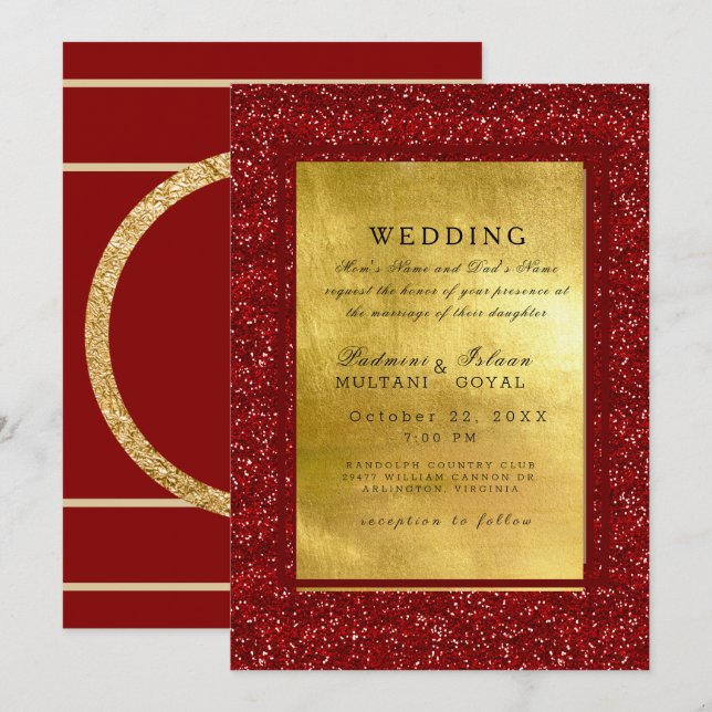 Invitación de boda de estilo indio de metal rojo y (Anverso / Reverso)