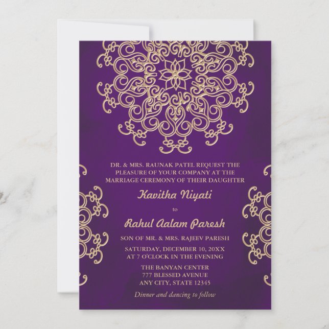 INVITACIÓN DE BODA DE ESTILO INDIO PURPLE Y ORO (Anverso)