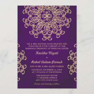 INVITACIÓN DE BODA DE ESTILO INDIO PURPLE Y ORO