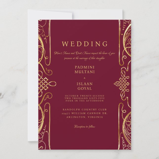 Invitación de boda de estilo indio rojo real (Anverso)