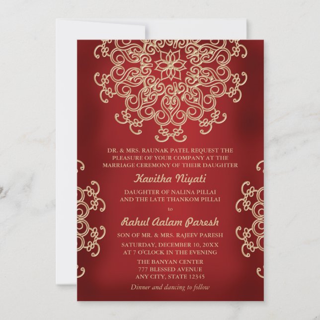 INVITACIÓN DE BODA DE ESTILO ROJO Y ORO INDIO (Anverso)