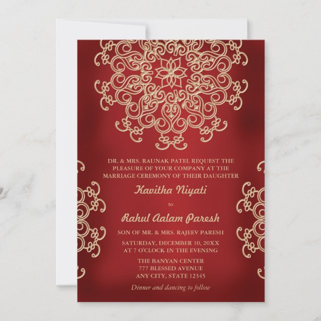 INVITACIÓN DE BODA DE ESTILO ROJO Y ORO INDIO (Anverso)