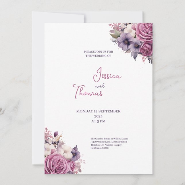 invitación de boda de estilo rústico con flores pú (Anverso)