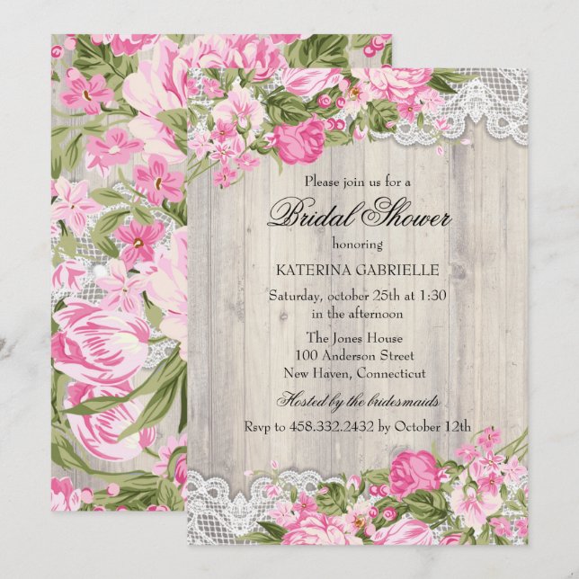 Invitación de boda de estilo shabby chic floral y  (Anverso / Reverso)
