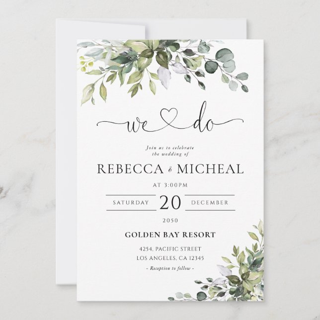 Invitación de boda de eucalipto (Anverso)