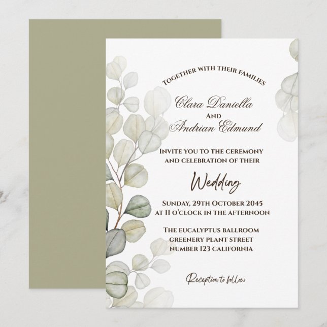 Invitación de boda de eucalipto acuarela (Anverso / Reverso)