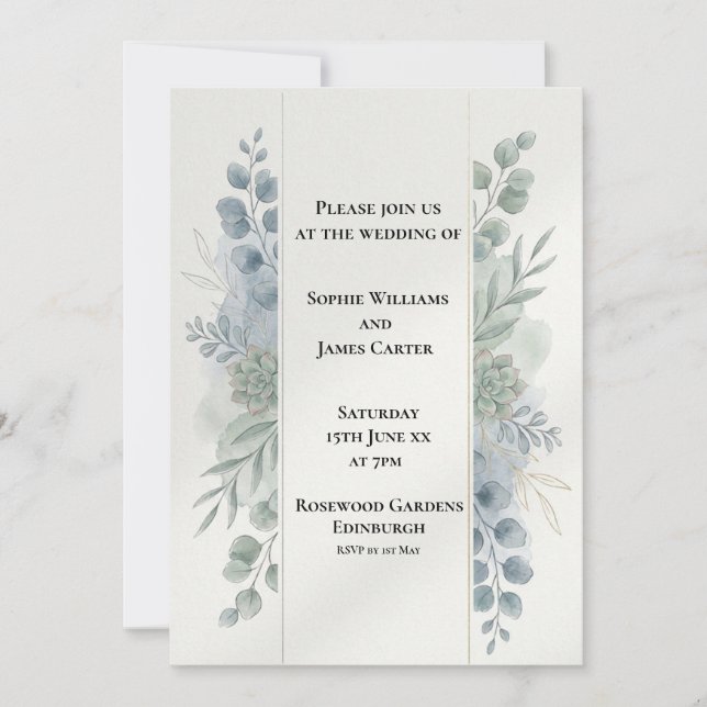 Invitación de boda de eucalipto azul plateado (Anverso)