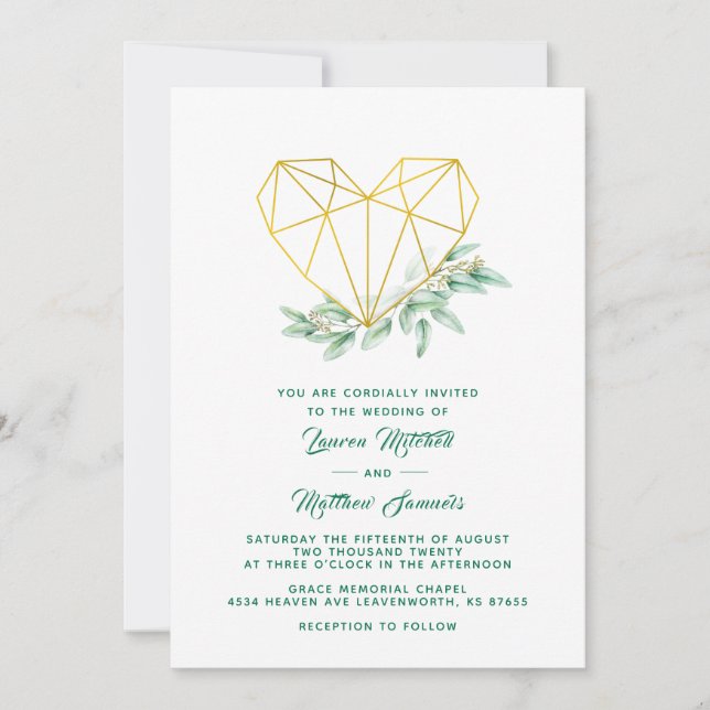Invitación de boda de eucalipto con corazón (Anverso)