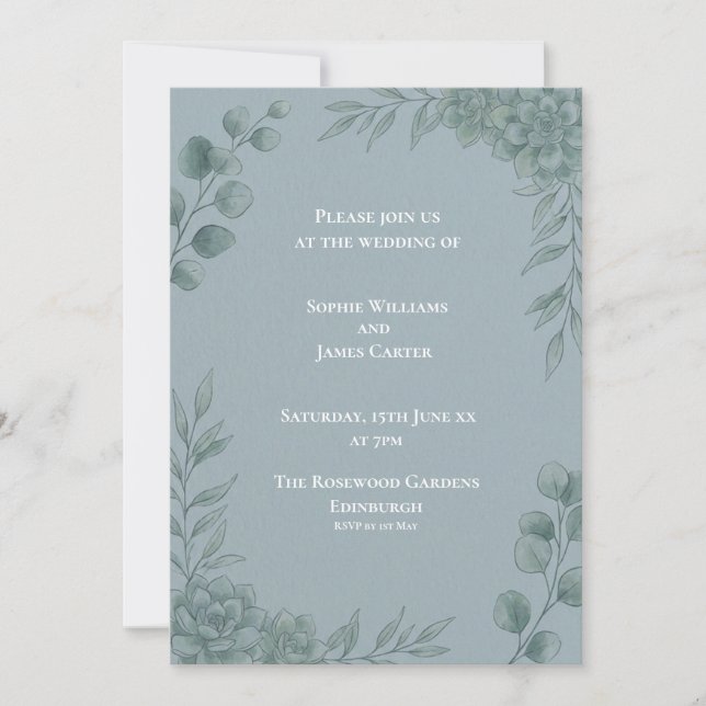 Invitación de boda de eucalipto gris azul (Anverso)
