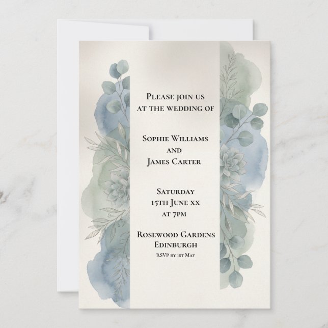Invitación de boda de eucalipto gris azul (Anverso)