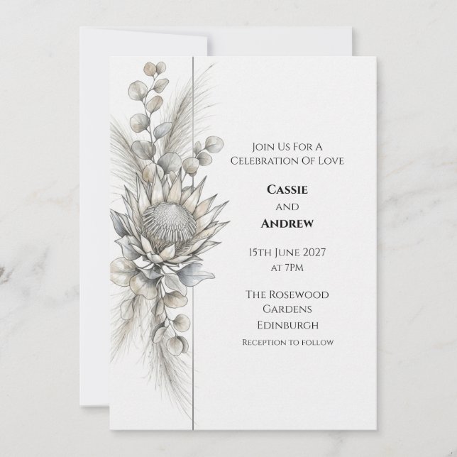 Invitación de boda de eucalipto protea monocroma (Anverso)