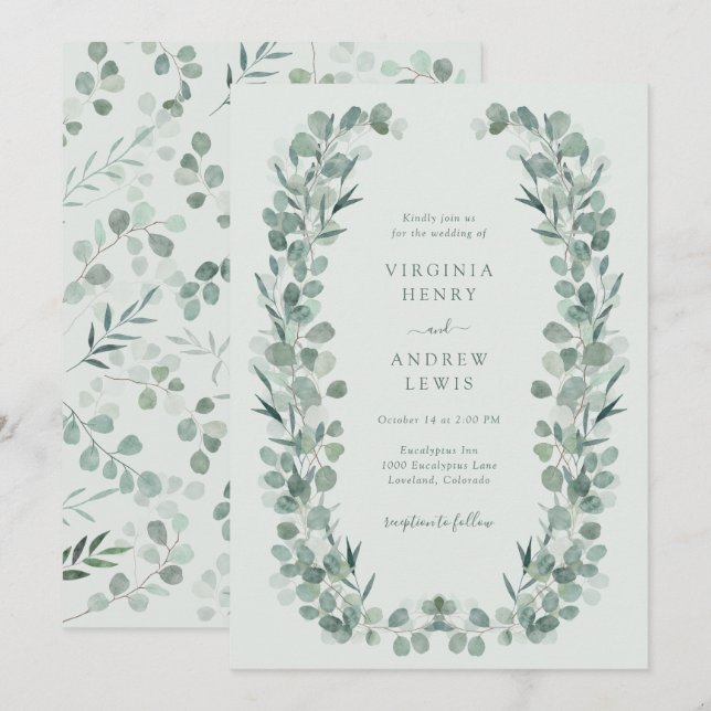Invitación de Boda de Eucalipto Sage Elegante (Anverso / Reverso)