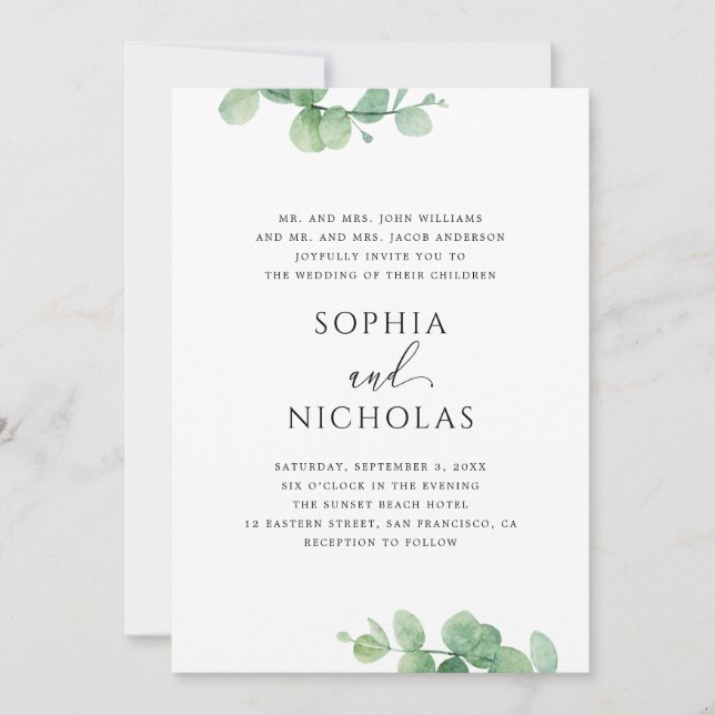 Invitación de boda de eucalipto verde | Botánico e (Anverso)
