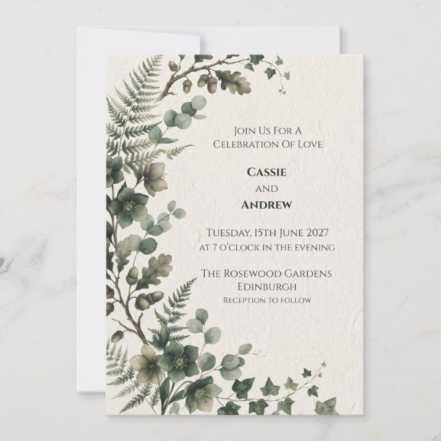 Invitación de boda de eucalipto verde oscuro (Anverso)