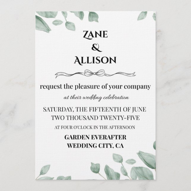 Invitación de boda de eucalipto verde salvia (Anverso)