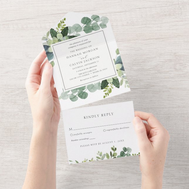 Invitación de boda de eucalipto verde todo en uno (desgarro)