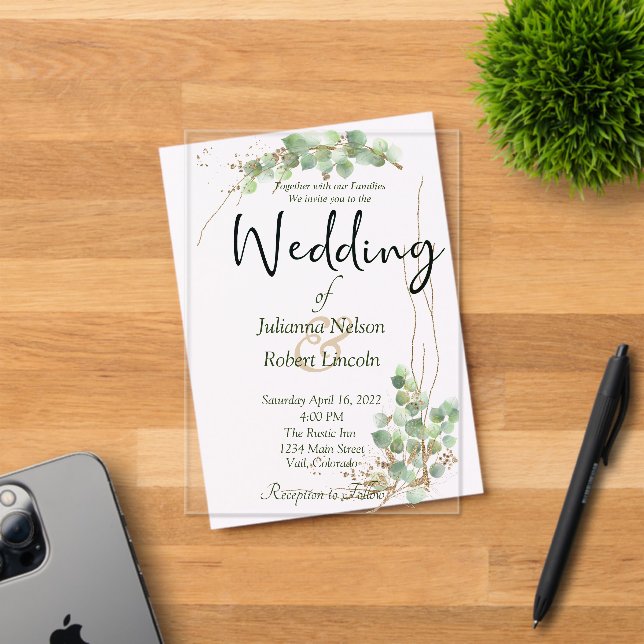 Invitación de boda de eucalipto y oro (Insitu (Tarjeta de Invitación))