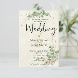 Invitación de boda de eucalipto y oro