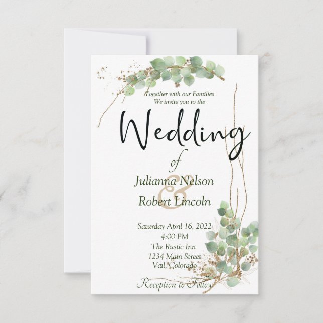 Invitación de boda de eucalipto y oro (Anverso)