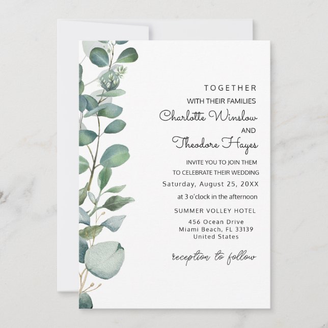 Invitación de Boda de Eucalipto y Verdor de Jardín (Anverso)