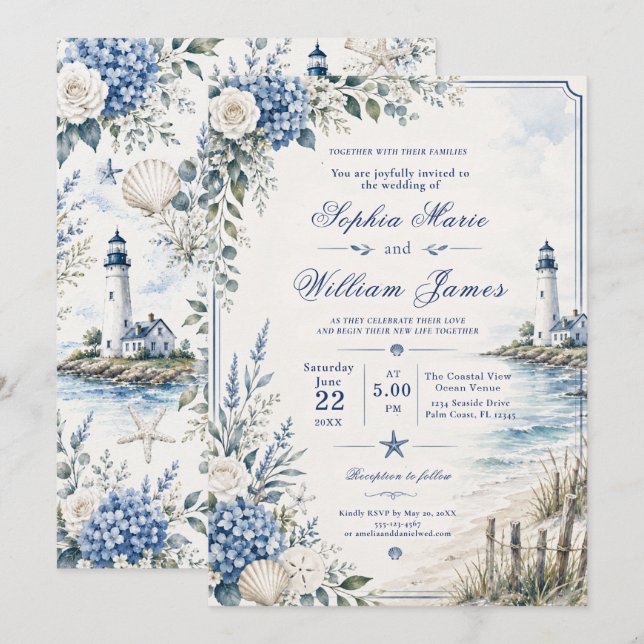 Invitación de boda de faro costero (Anverso / Reverso)
