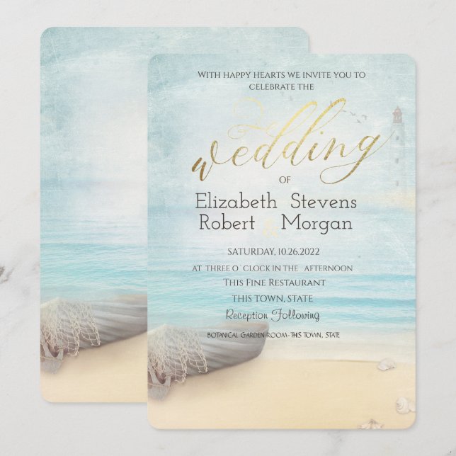 Invitación de boda de faro de barco de playa (Anverso / Reverso)