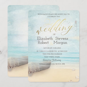 Invitación de boda de faro de barco de playa