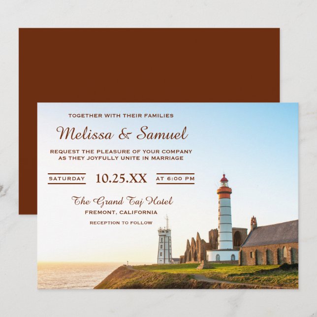 Invitación de boda de faro náutico escénico (Anverso / Reverso)