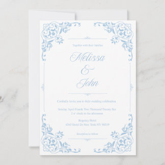 invitación de boda de filigrana azul estilo campo 