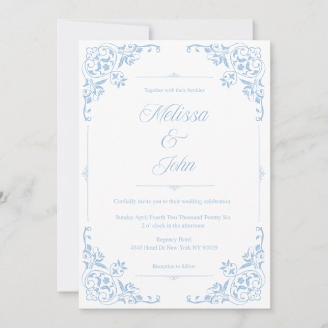 invitación de boda de filigrana azul estilo campo  (Anverso)
