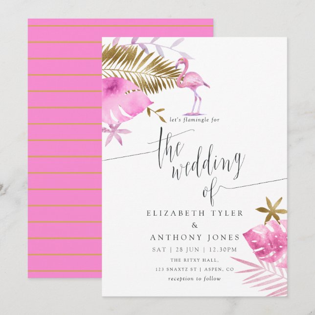 Invitación de boda de flamenco tropical rosa y dor (Anverso / Reverso)
