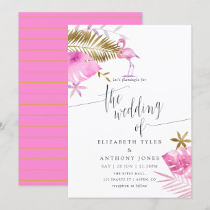 Invitación de boda de flamenco tropical rosa y dor