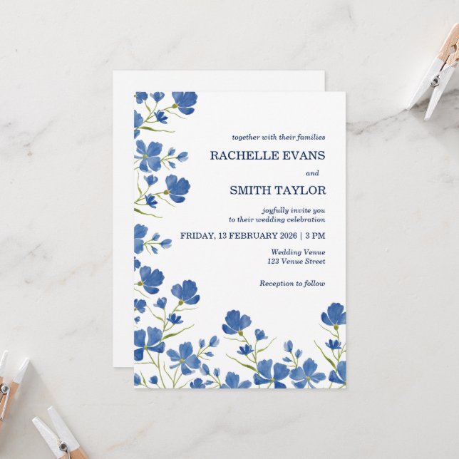 Invitación de boda de flor azul oscura (Anverso/Reverso In Situ)