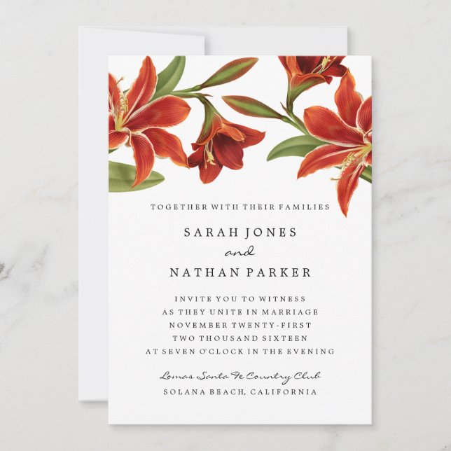 Invitación de boda de flor de amarilis roja y nara (Anverso)