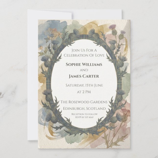 Invitación de boda de flor de cardo floral tempera (Anverso)