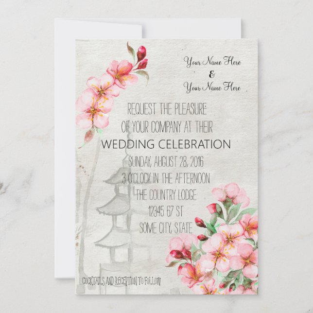 Invitación de boda de flor de cerezo japonesa vint (Anverso)