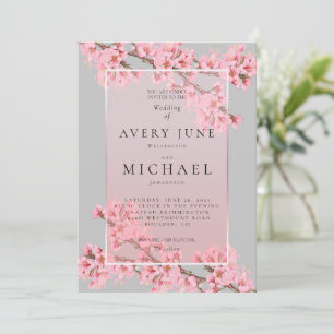 Invitación de boda de flor de cerezo rosa sobre gr
